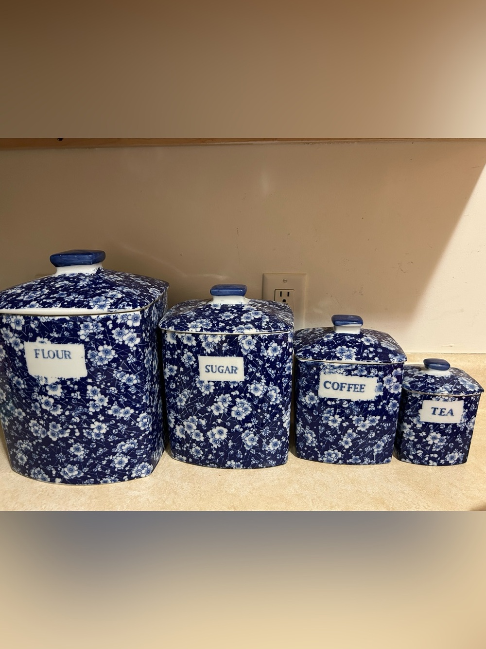 Antique Victoria Ware Ironstone Calico Blue Chintz Canister 4 piece set.
